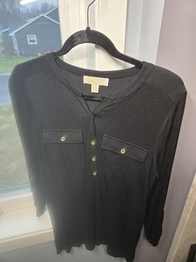 Michael Kors Black Henley Top with Gold Buttons